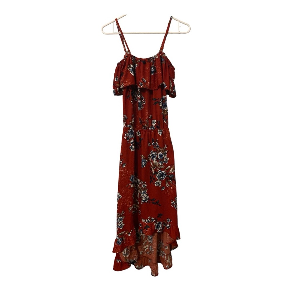 Lildy red floral off shoulder/high low/ maxi dress size S/M EUC